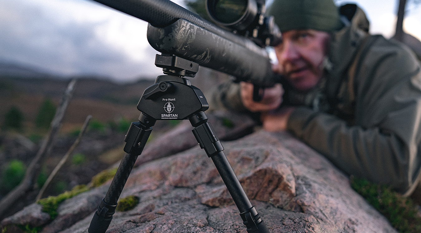 Front angle of a Javelin Bipod on a lightweight hunting rifle.