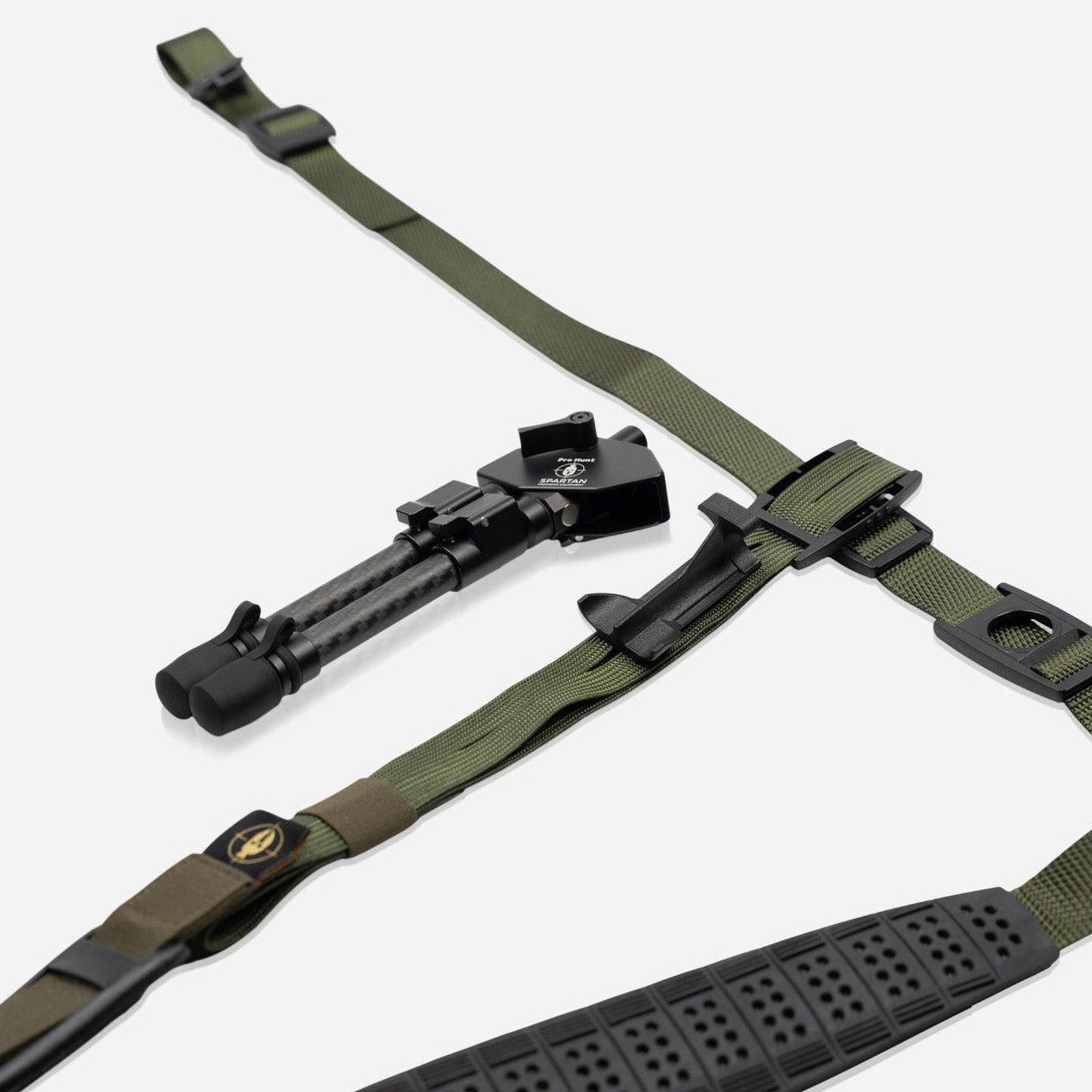 Green rifle sling with black attachments on a white background
